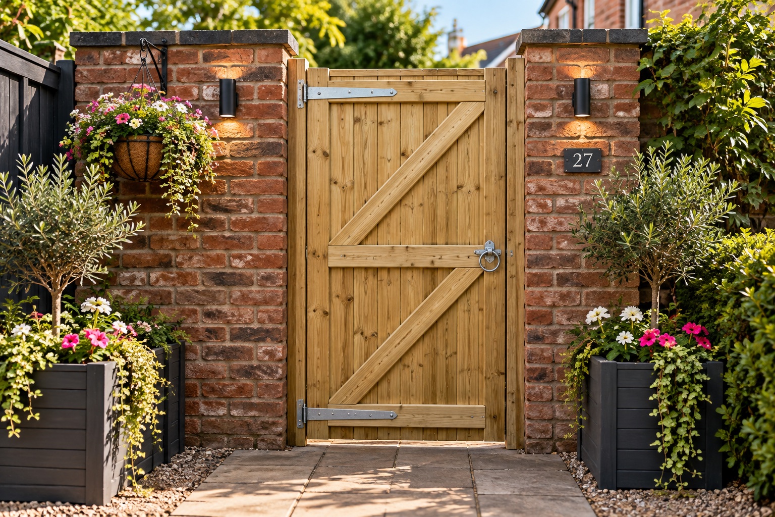 Bob’s Gates timber garden gate between brick pillars