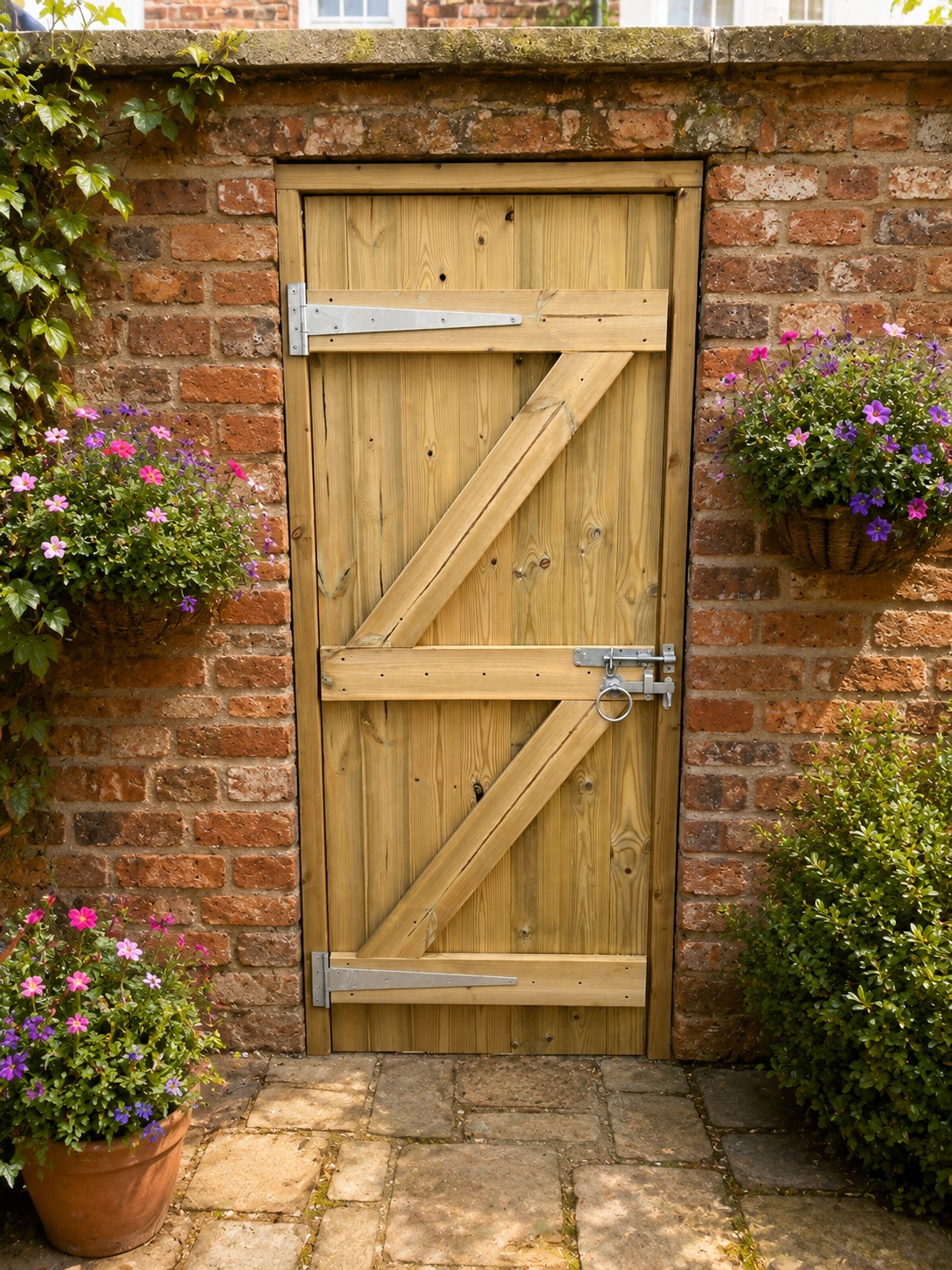 The L&B Hercules pressure-treated timber gate fitted in a brick garden wall