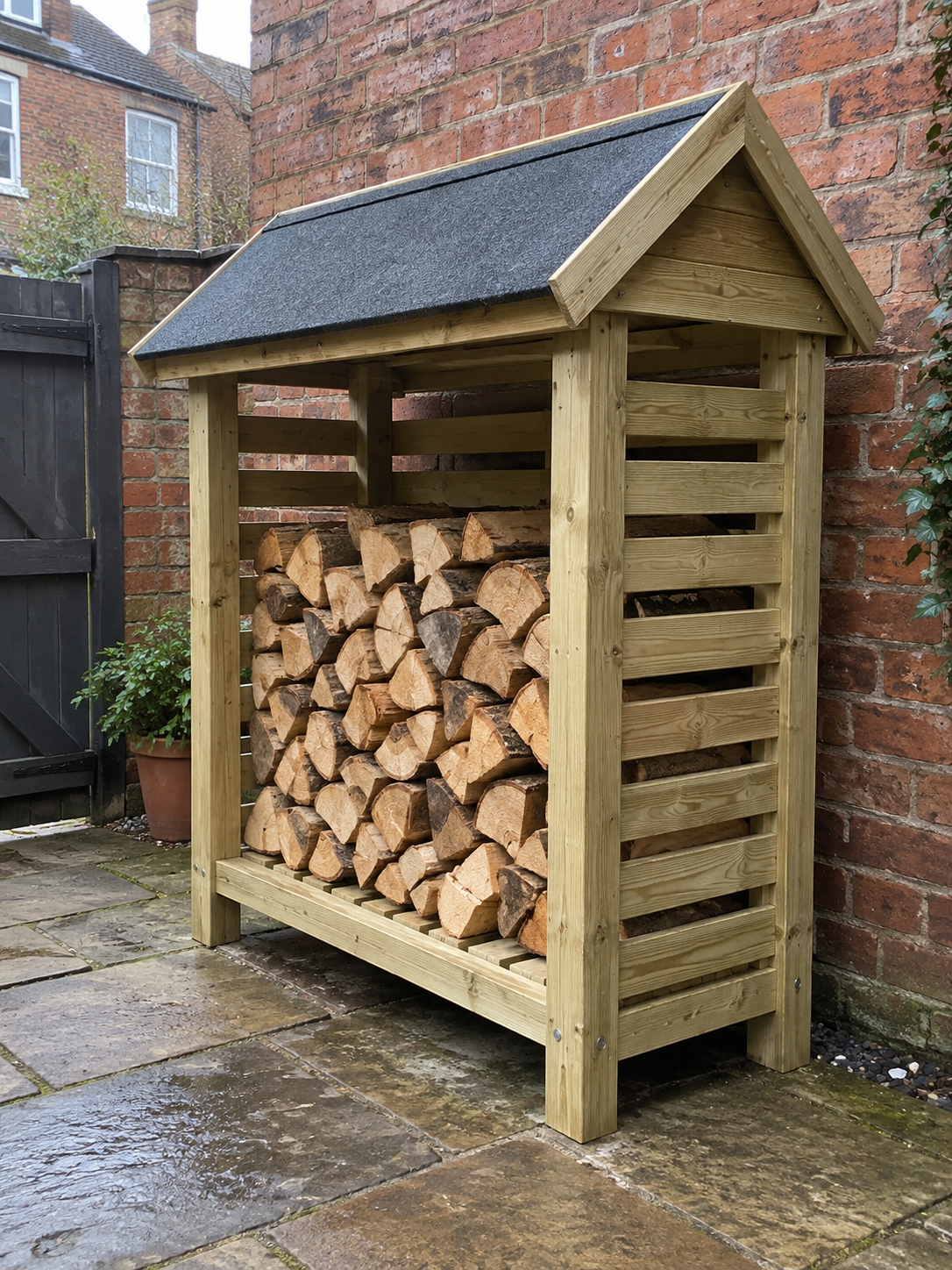 The Crosby compact pitched-roof wooden log store